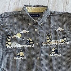 Karen Scott Button Up Short Sleeve Shirt Womens M Checker Lighthouse Sea Cottage